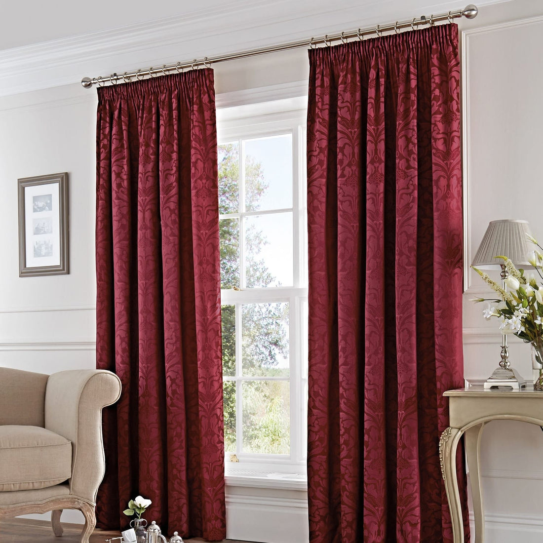 Eastbourne Lined Burgundy 100% Cotton Thermal Pencil Pleat Tape Top Curtains