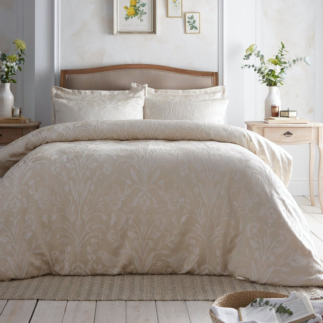 Elysia Floral Bird Print Champagne Duvet Cover Set