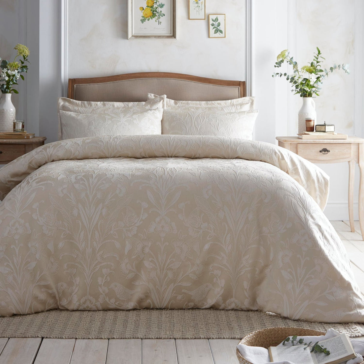 Elysia Floral Bird Print Champagne Duvet Cover Set