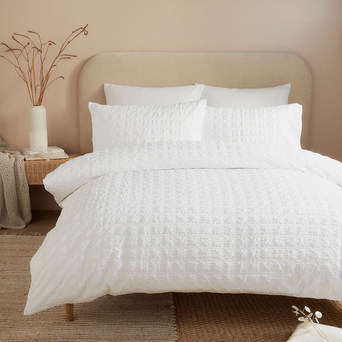 Embossed Grid Microfibre Duvet Cover Set - White