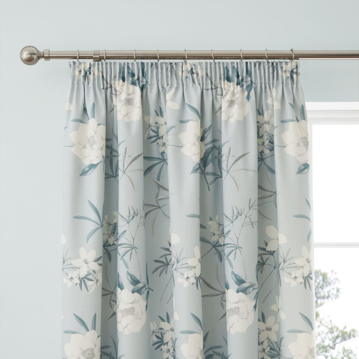 Eve Pencil Pleat Tape Top Curtains - Duck Egg Light Filtering Printed - Eve Pencil Pleat Curtains In Duck Egg 2