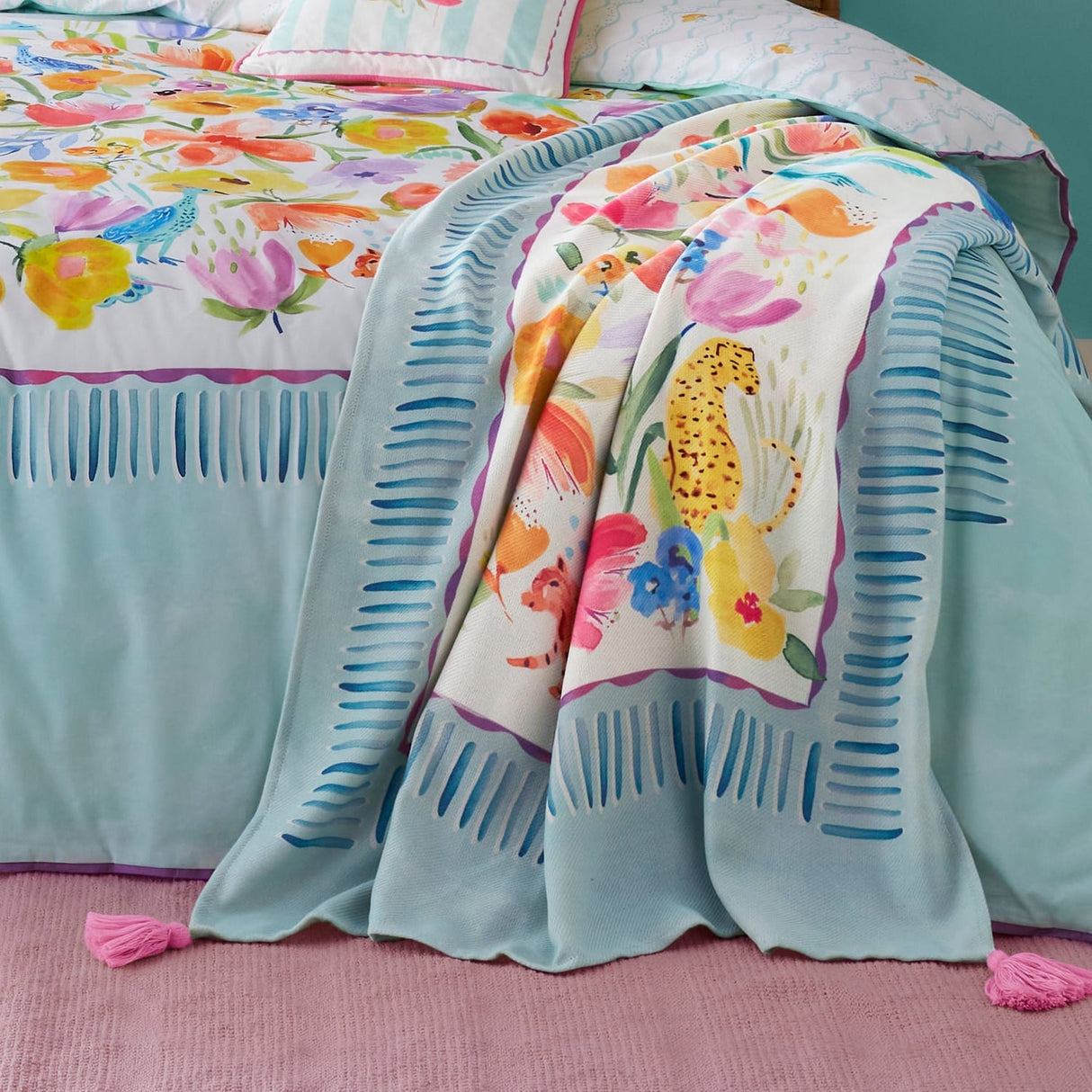 Festival Floral Duck Egg Blue Throw - Festival Throw In Duck Egg 130 X 180Cm 2