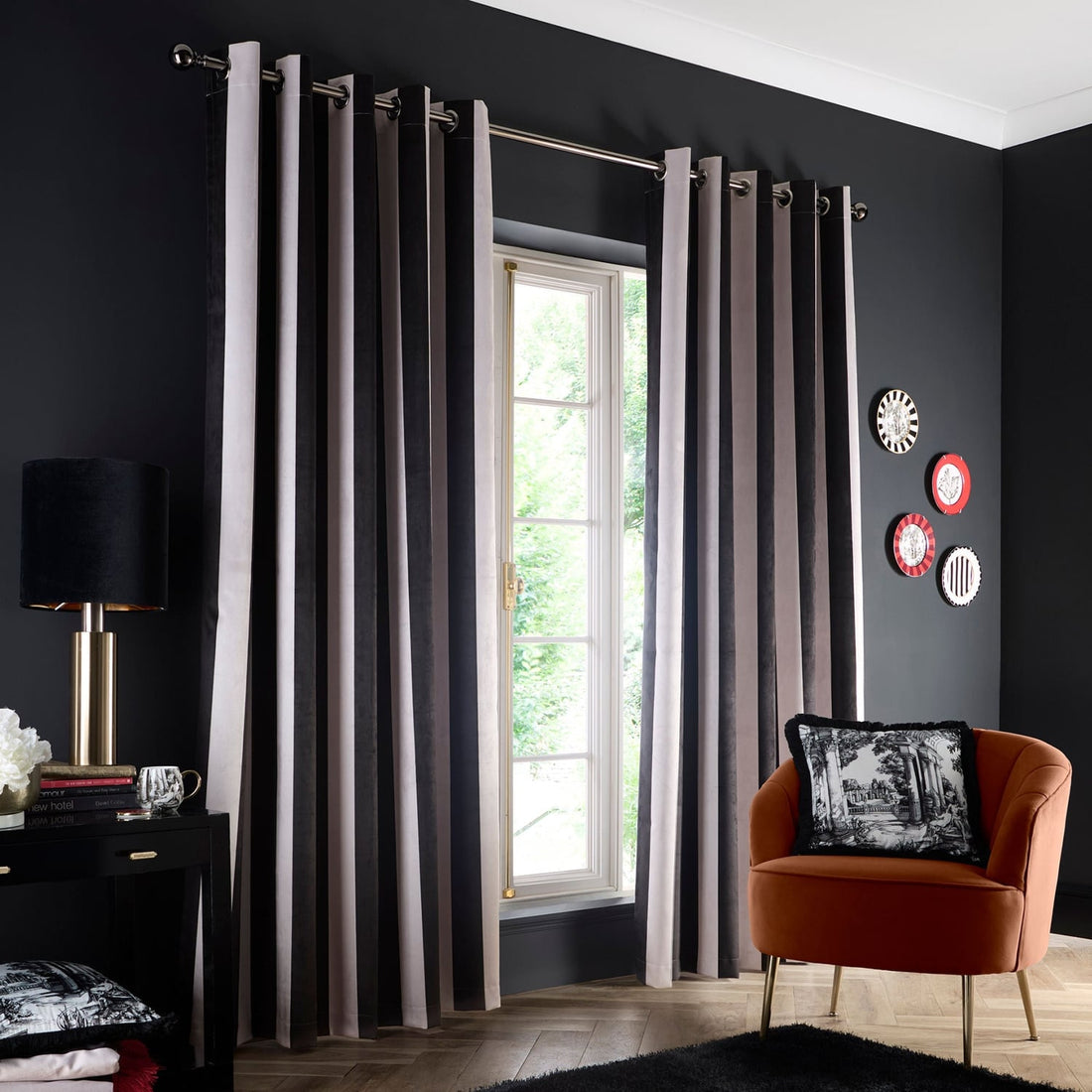 Laurence Llewelyn-Bowen Festivo Stripe Black Velvet Thermal Blackout Eyelet Curtains