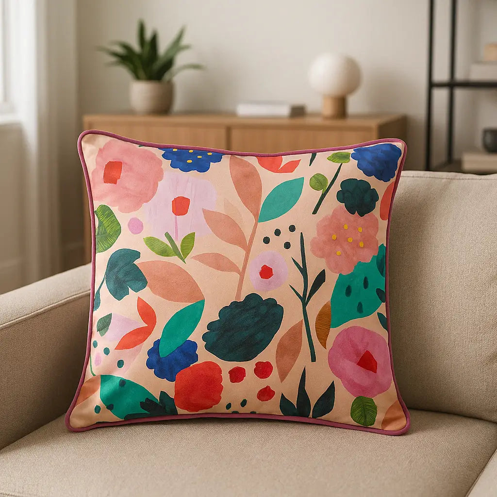 Floral Collage Illustrated Velvet Cushion Cover 17" x 17" by Kate Merritt