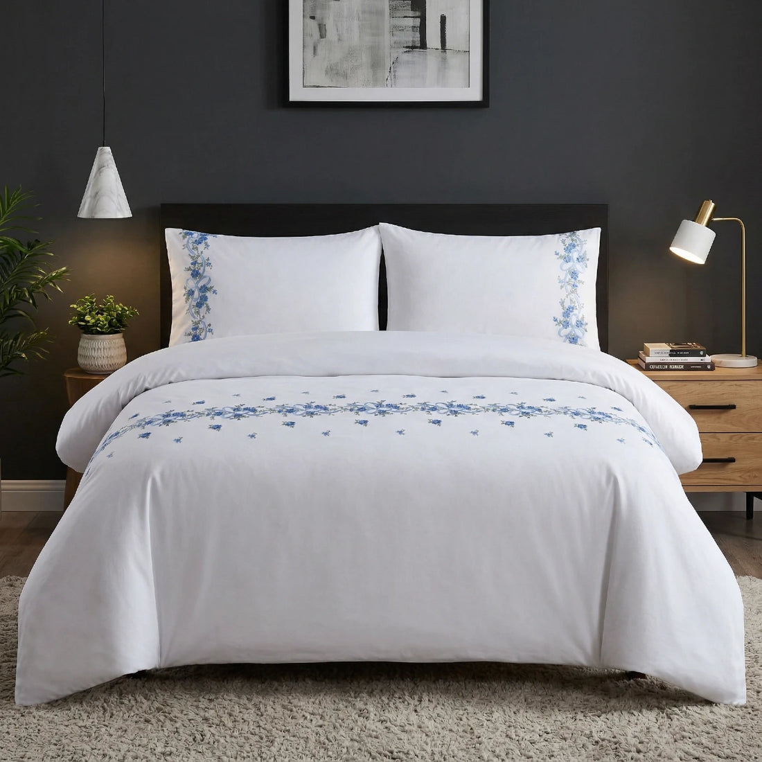 Floral Ribbon Polycotton Duvet Cover Set - Blue
