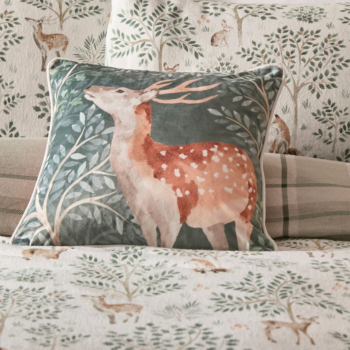 Forest Animals Green Floral Cushion Cover 43cm x 43cm - Green - Forest Animals Cushion In Green 43 X 43Cm 4