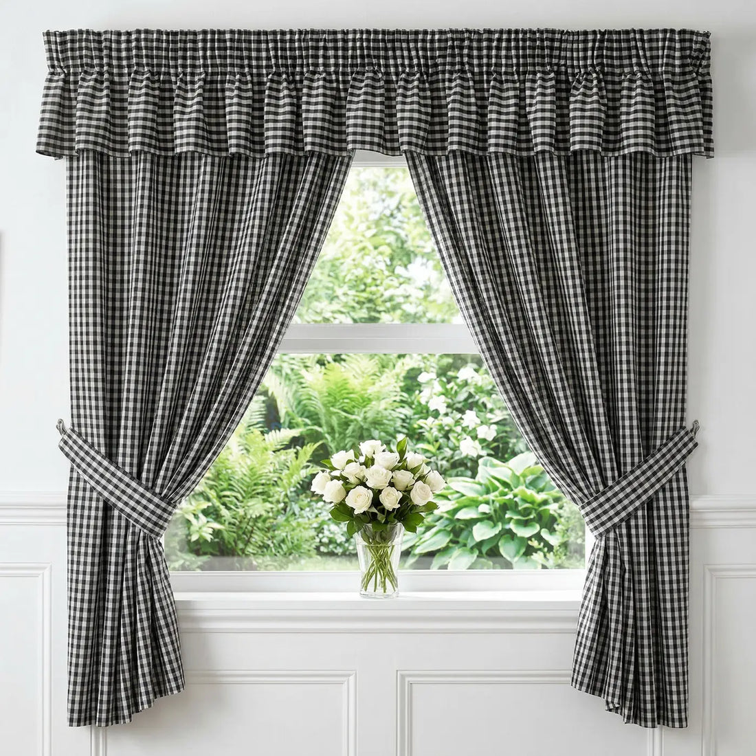 Gingham Pencil Pleat Curtains & Tie Backs Black