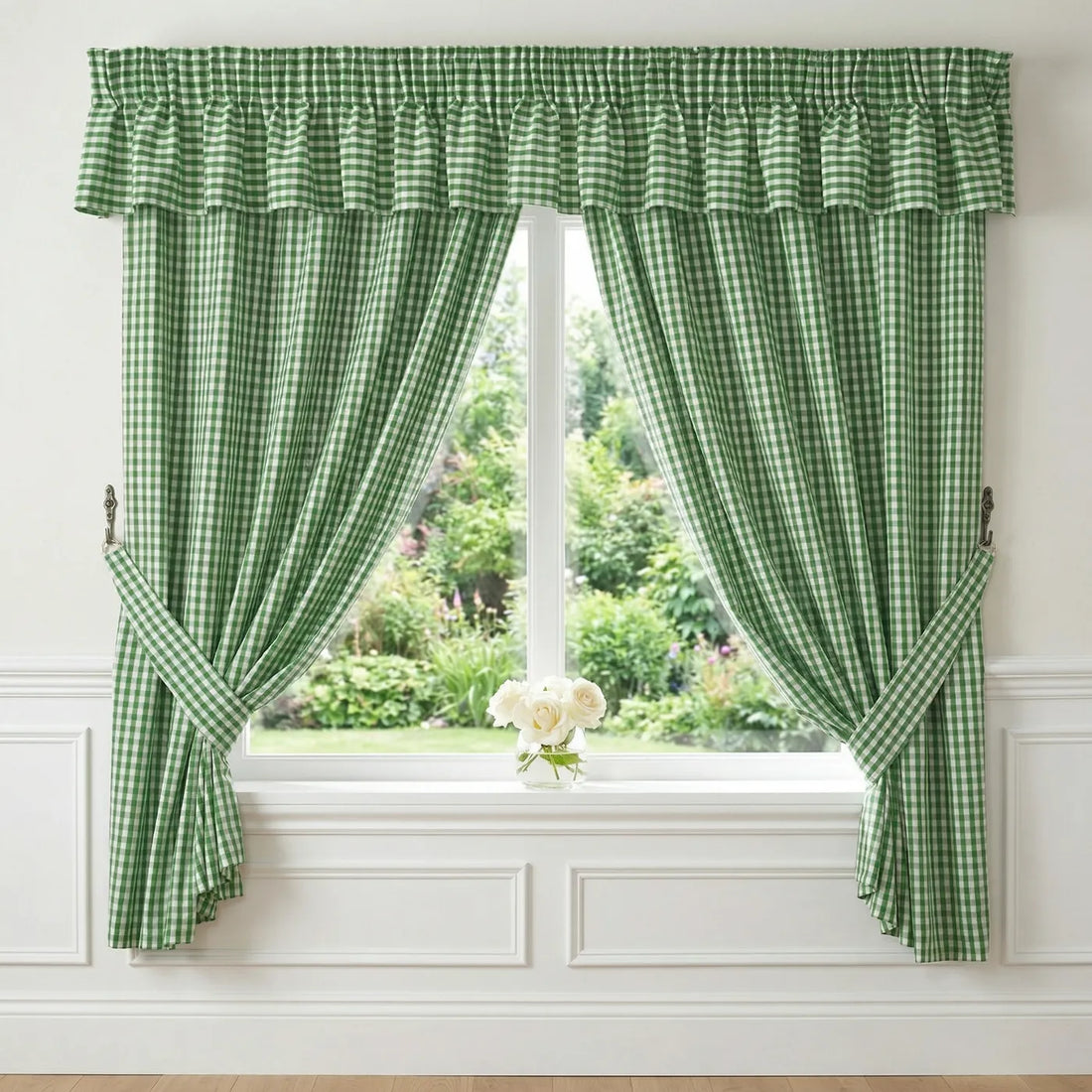 Gingham Pencil Pleat Curtains & Tie Backs Green
