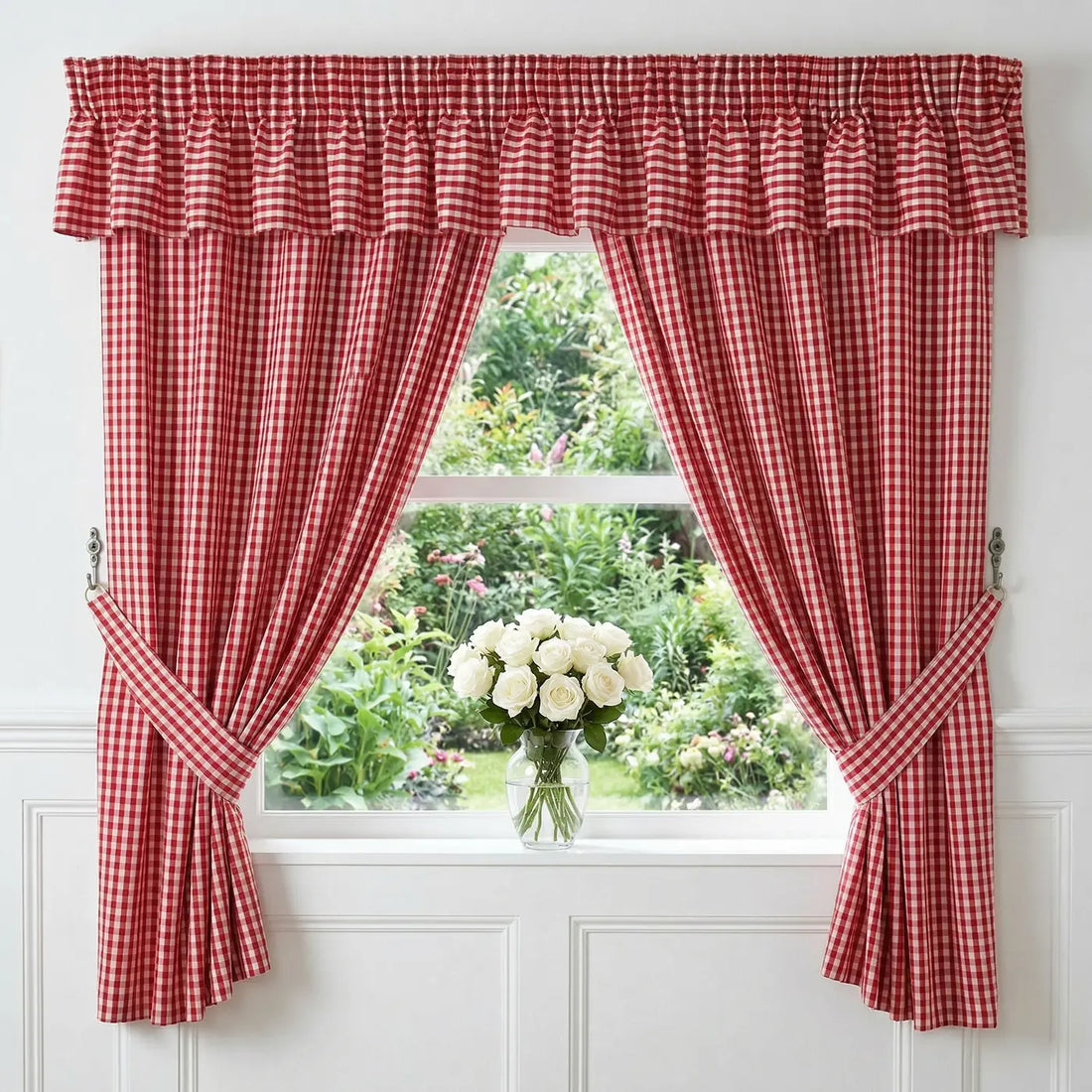 Gingham Pencil Pleat Curtains & Tie Backs Red