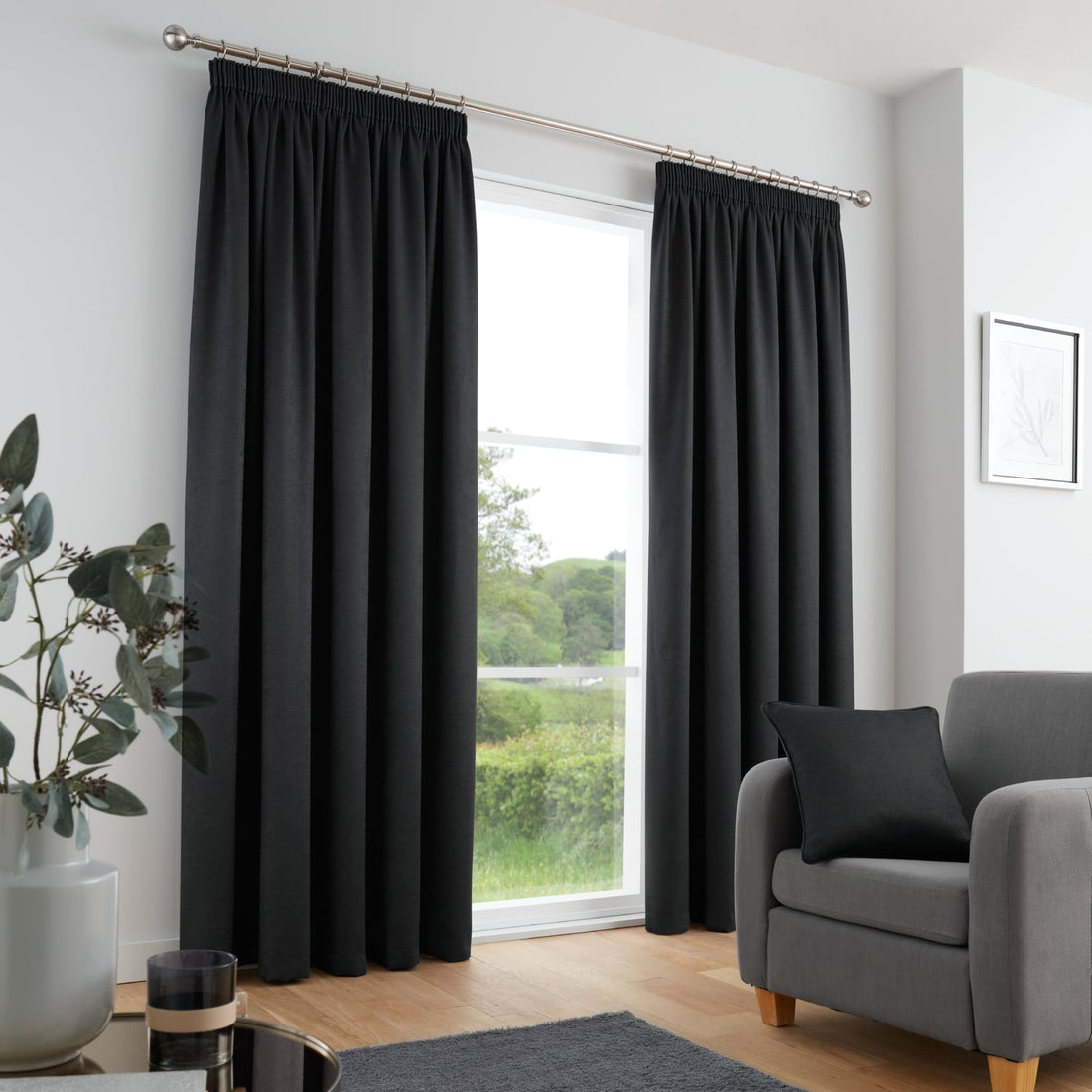 Galaxy Dim Out Woven Black Thermal Pencil Pleat Curtains