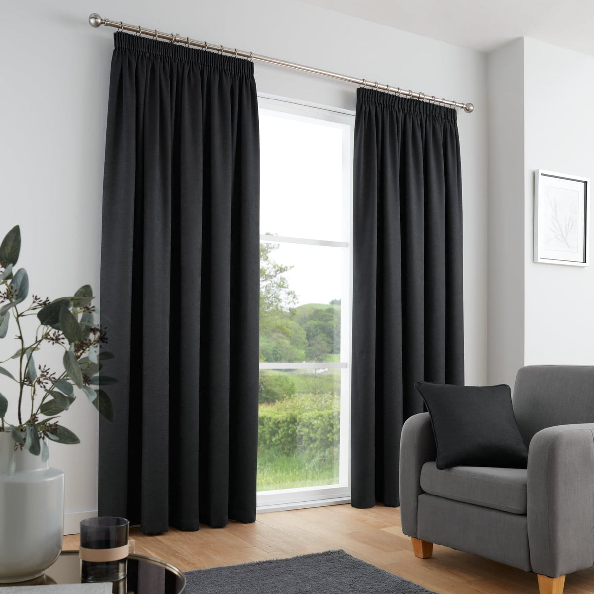 Galaxy Dim Out Woven Thermal Pencil Pleat Curtains - Black Light Filtering