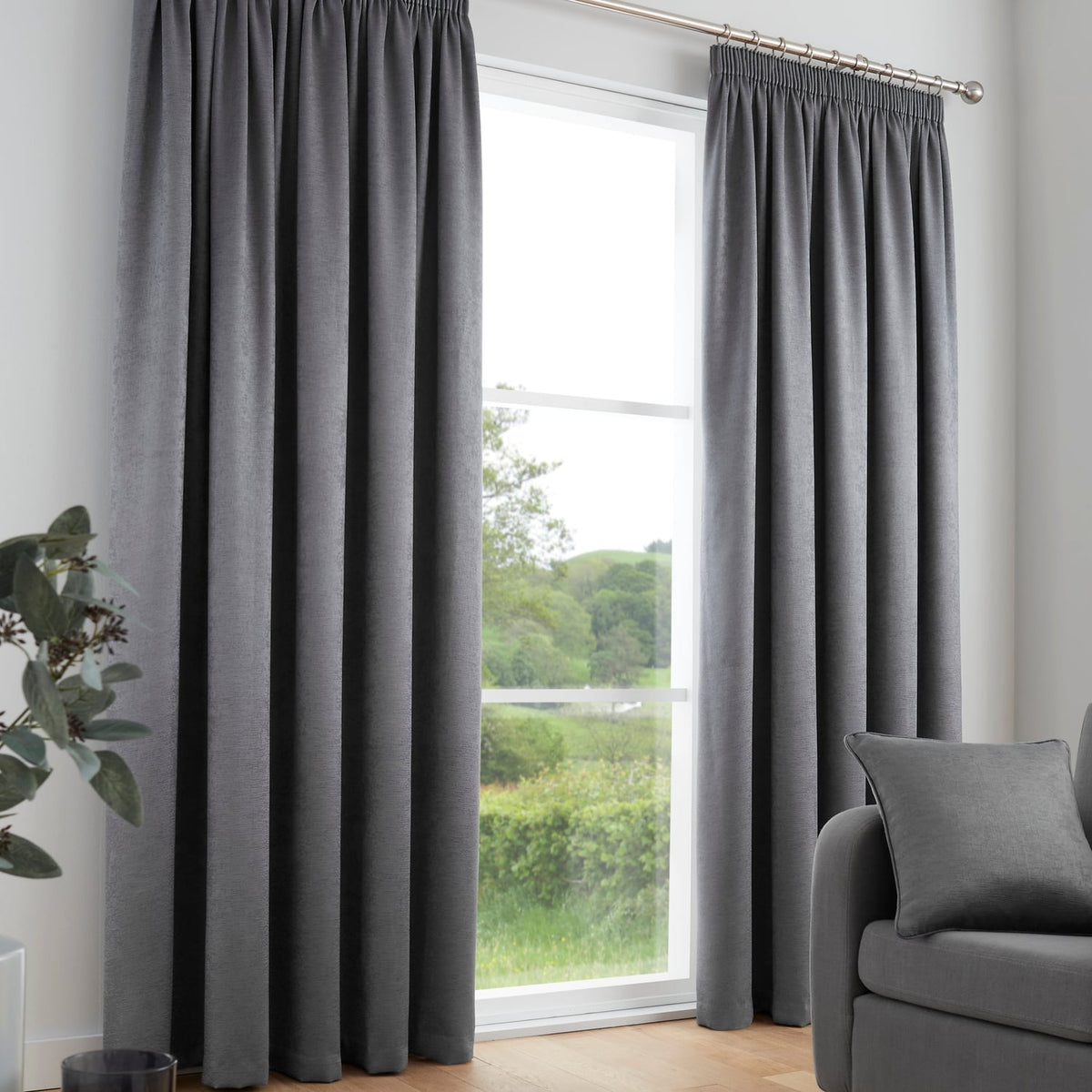 Galaxy Dim Out Woven Thermal Pencil Pleat Curtains - Charcoal Light Filtering