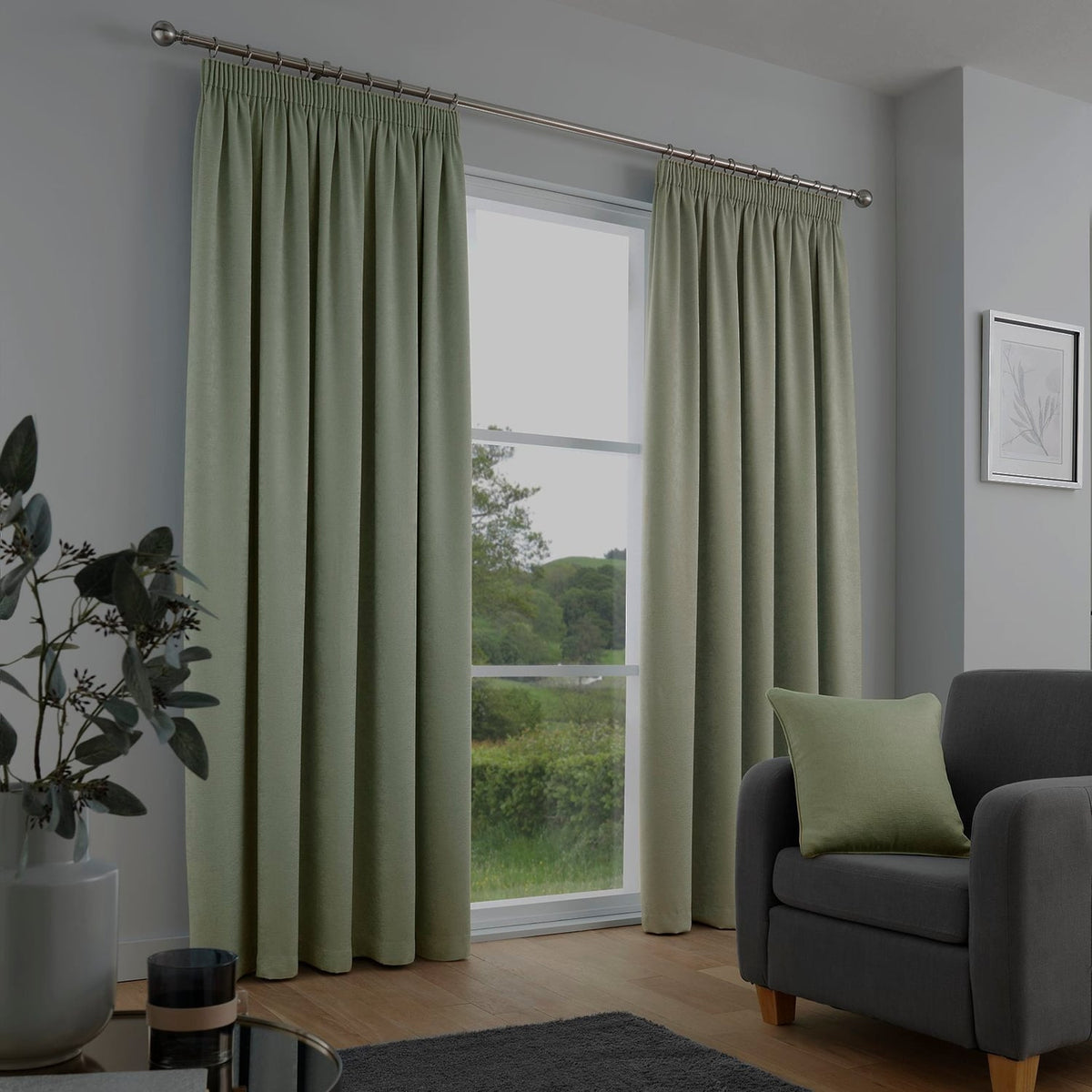 Galaxy Dim Out Woven Thermal Pencil Pleat Curtains - Green Light Filtering - Galaxy Pencil Pleat Curtains In Green 2