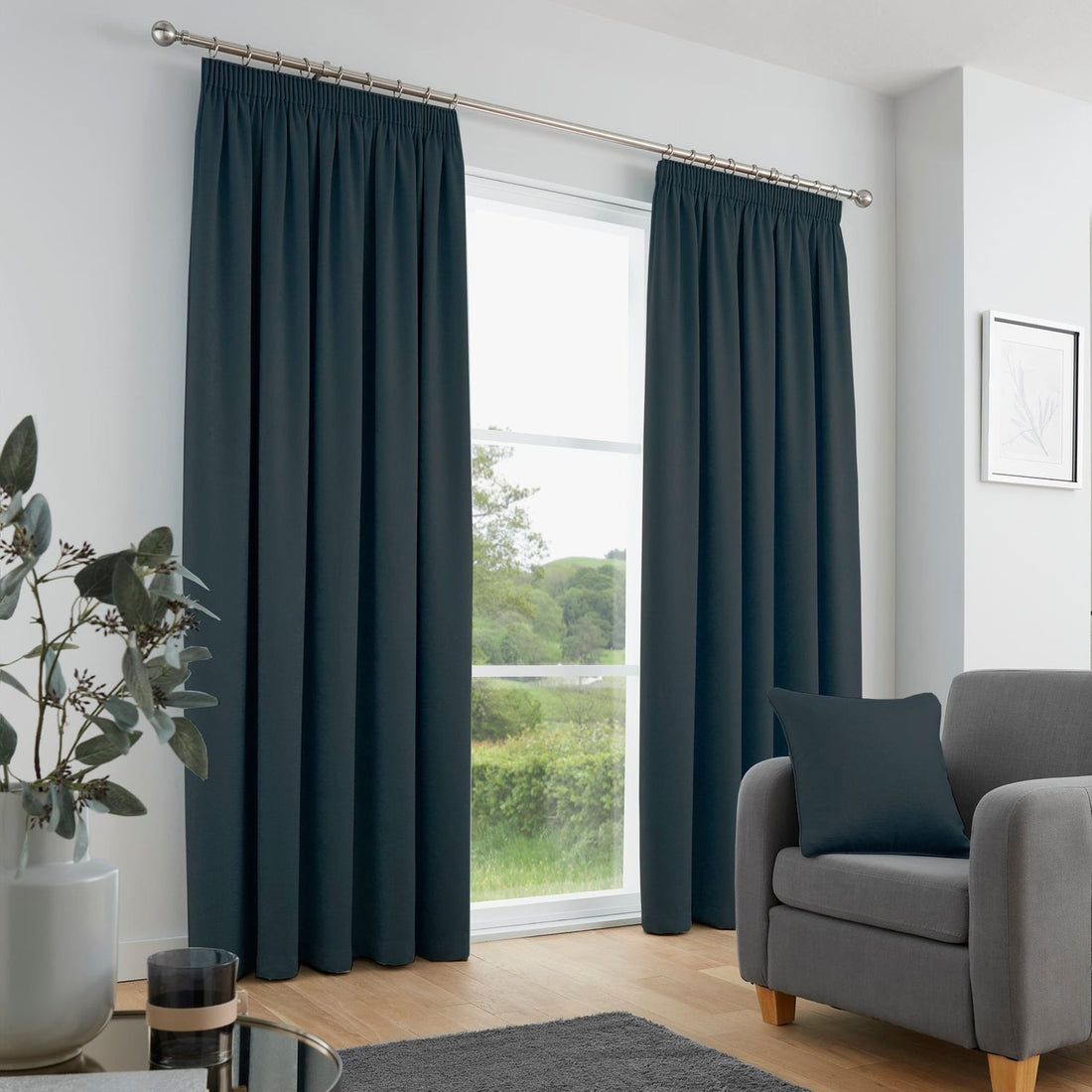 Galaxy Dim Out Woven Navy Thermal Pencil Pleat Curtains