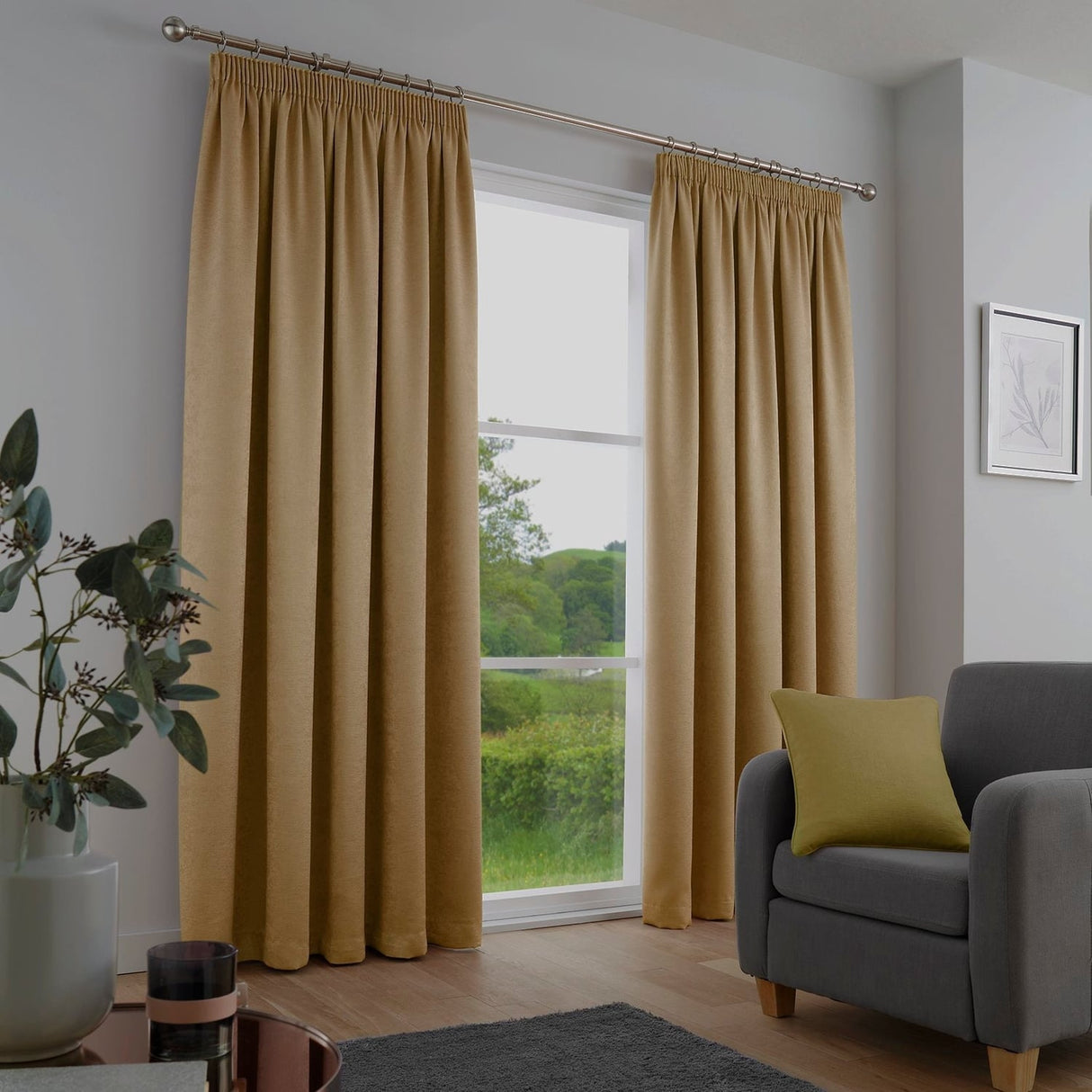 Galaxy Dim Out Woven Thermal Pencil Pleat Curtains - Ochre Light Filtering