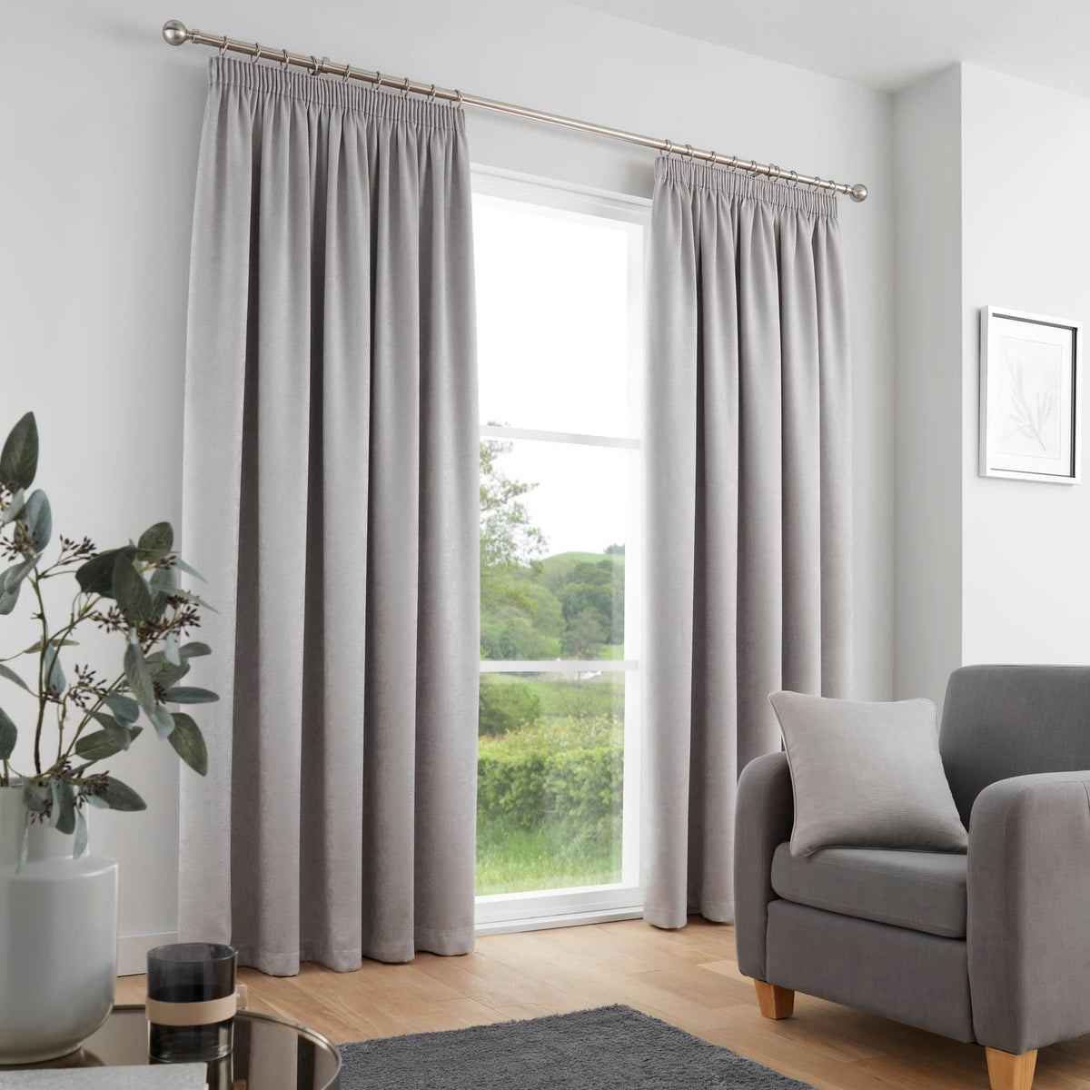 Galaxy Dim Out Woven Thermal Pencil Pleat Curtains - Silver Light Filtering