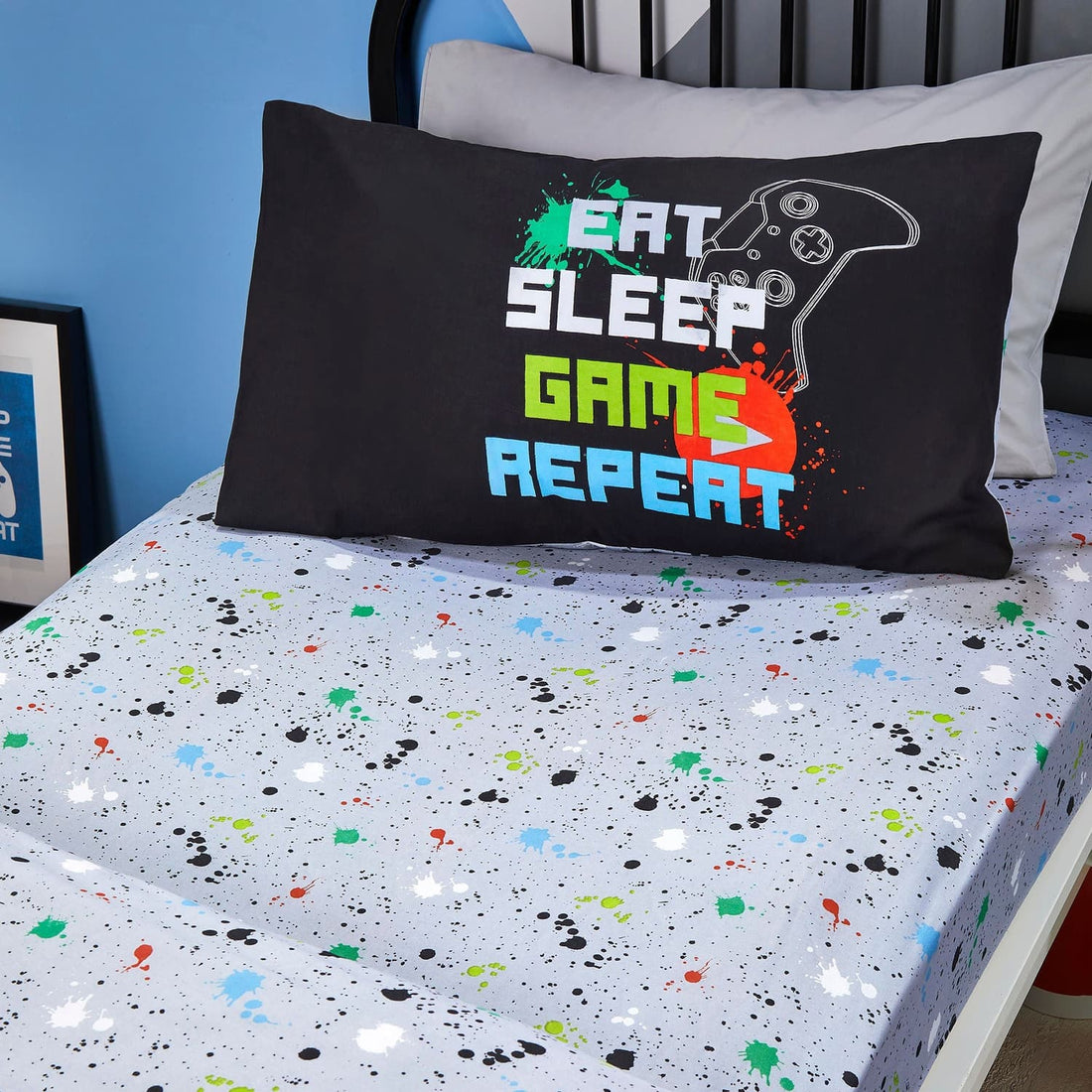 Game 28cm Deep Glow in the Dark Kids Gaming Black Fitted Sheet
