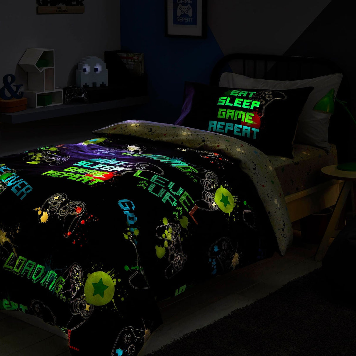 Game Glow in the Dark Kids Gaming Duvet Cover Set - Black - Game Duvet Cover Set In Black 2