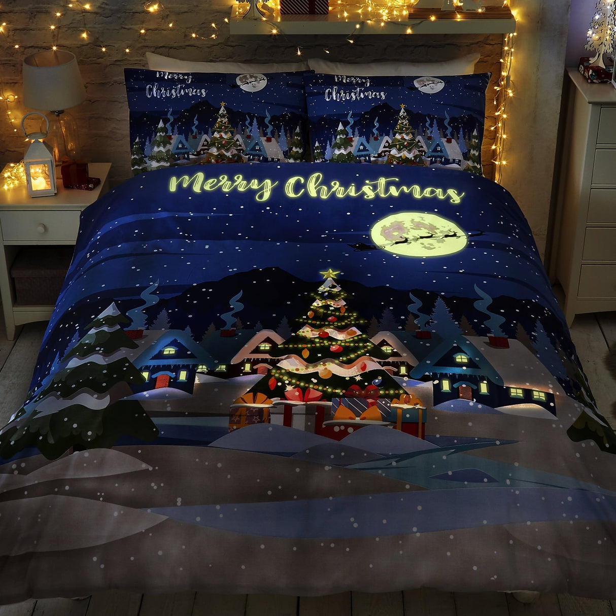 Merry Christmas Polycotton Duvet Cover Set - Glow In The Dark Christmas Duvet Cover Set In Multicolour 2