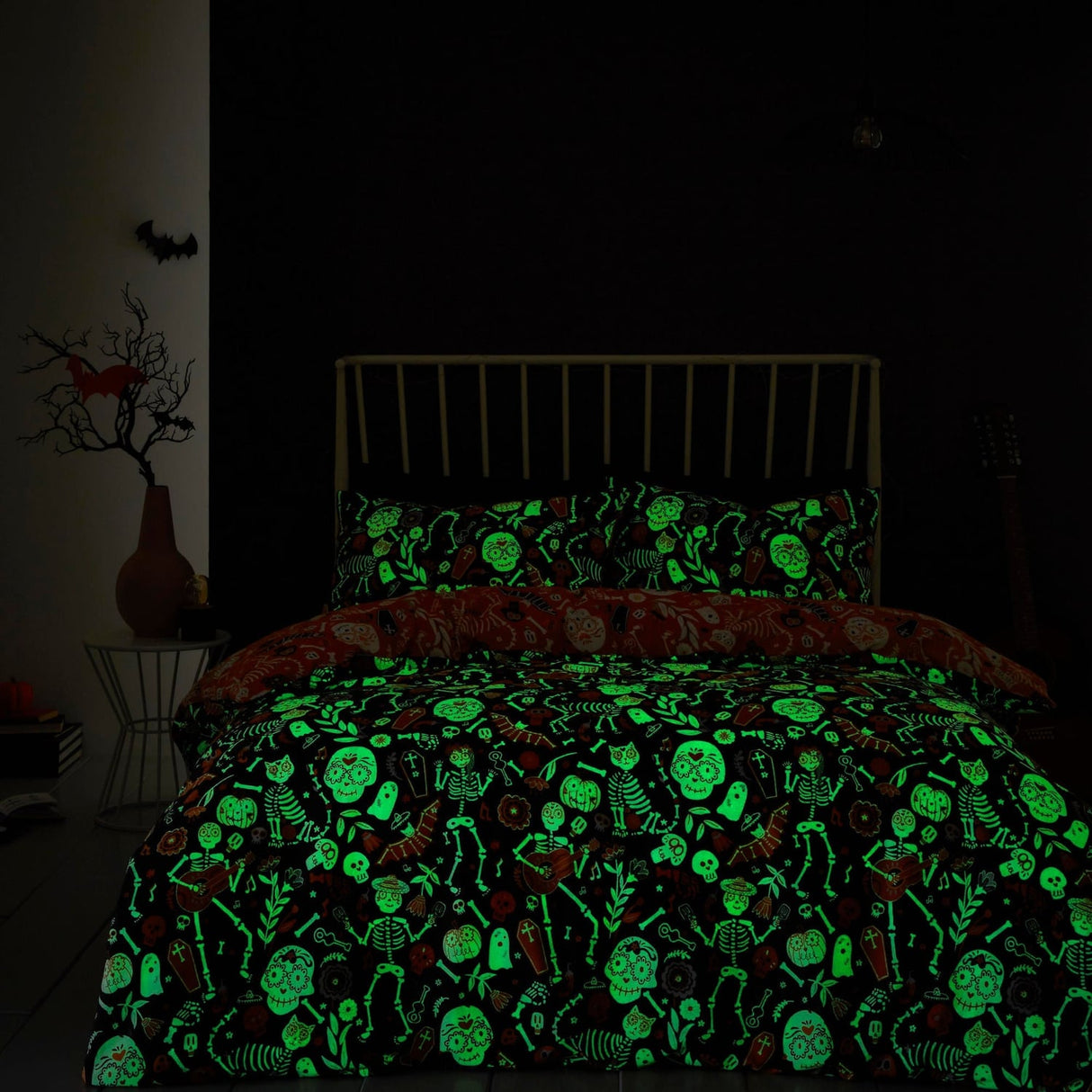 Day of the Dead Polycotton Halloween Duvet Cover Set - Halloween Day Of The Dead Duvet Cover Set In Black Orange 4