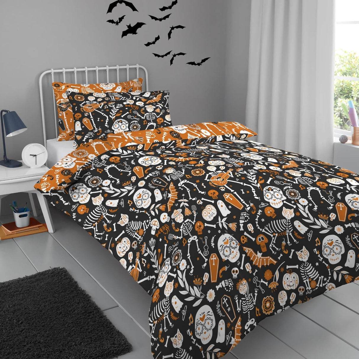 Day of the Dead Polycotton Halloween Duvet Cover Set - Halloween Day Of The Dead Duvet Cover Set In Black Orange 5