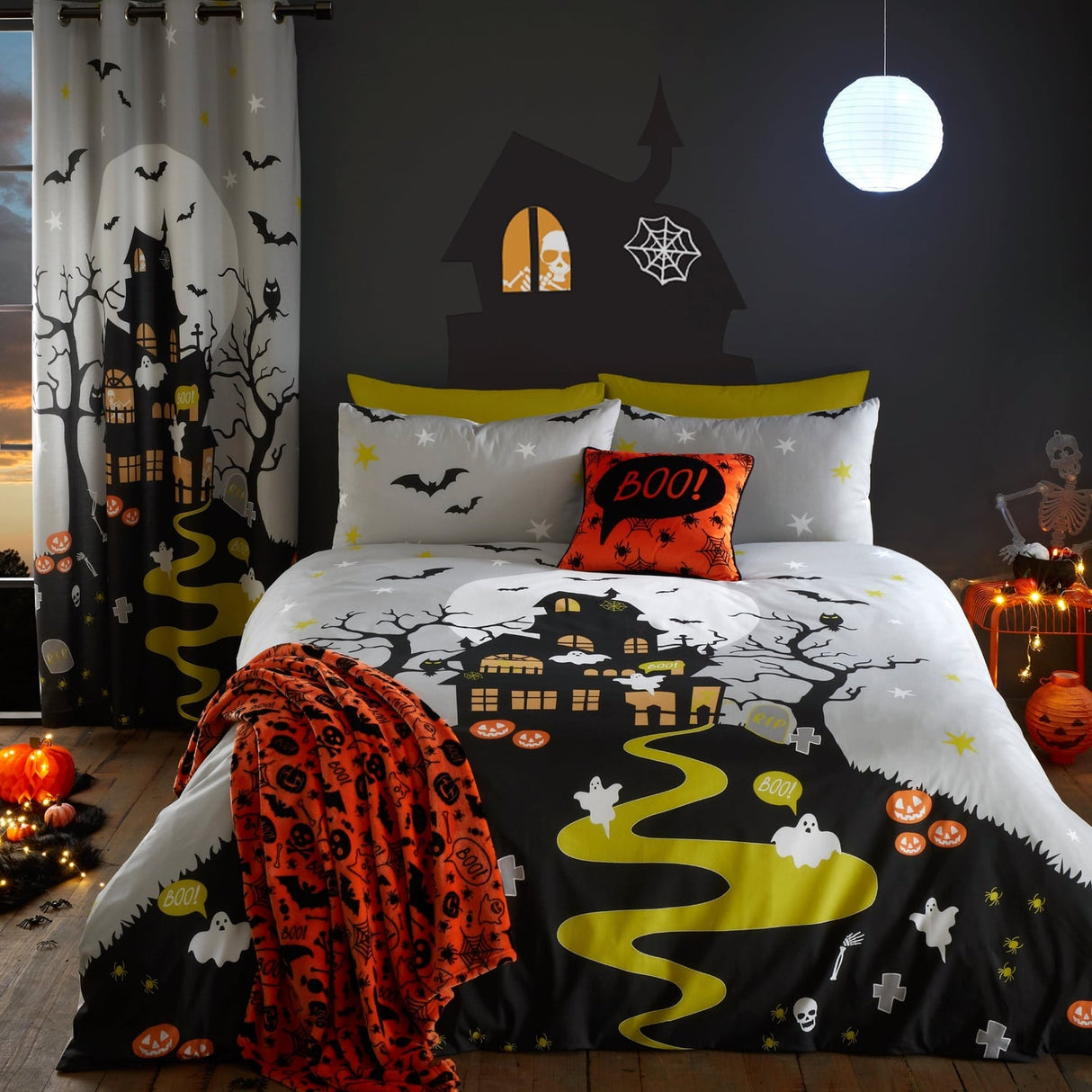 Haunted House Halloween Polycotton Duvet Cover Set - Haunted House Halloween Duvet Cover Set In Grey 5