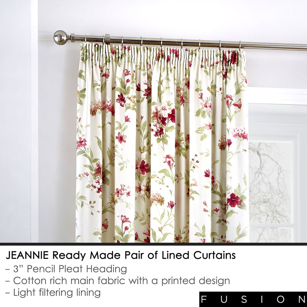Jeannie Floral Pencil Pleat Tape Top Curtains Light Filtering - Jeannie Pencil Pleat Curtains In Red 3