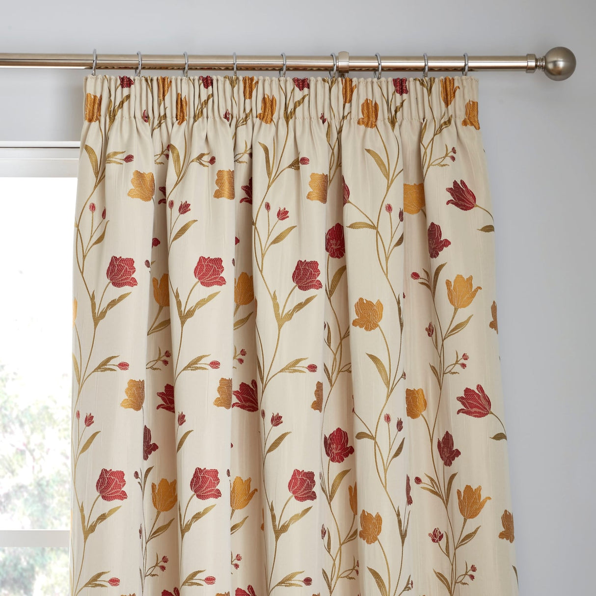 Juliette Floral Pencil Pleat Curtains Natural & Red Light Filtering Jacquard