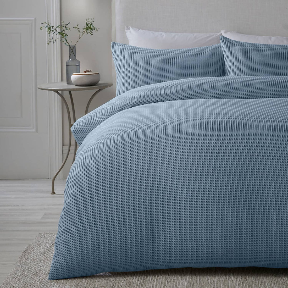 Lindly Waffle Microfibre Blue Duvet Cover Bedding Set