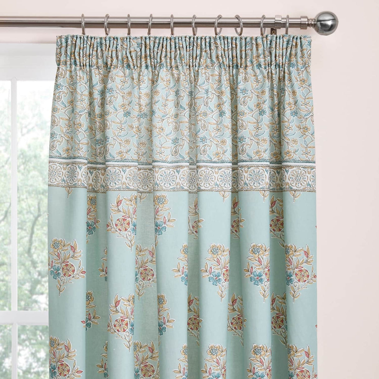 Lorena Patchwork Floral Duck Egg Pencil Pleat Curtains Light Filtering Printed - Lorena Patchwork Pencil Pleat Curtains In Duck Egg 2