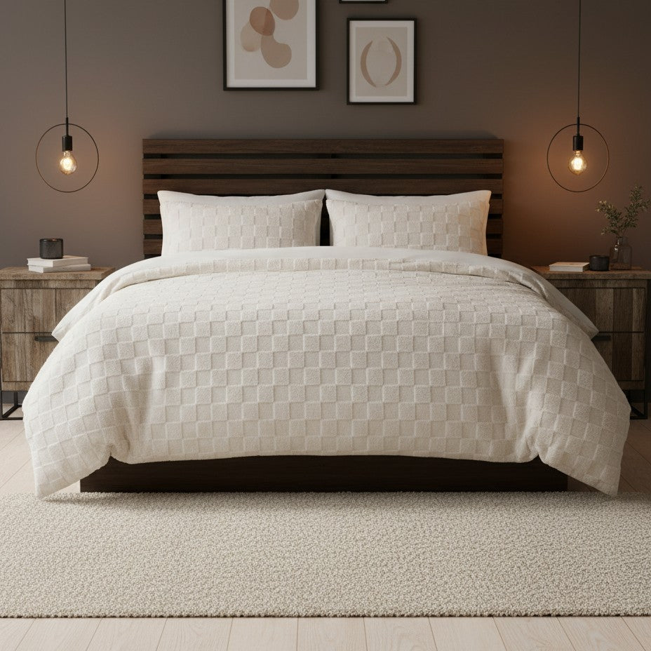 Check Teddy Cream Fleece Duvet Cover Bedding Set
