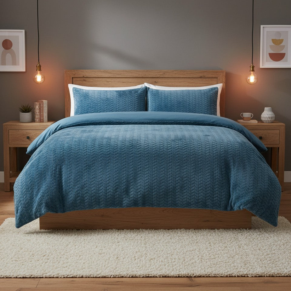 Chevron Teddy Steel Blue Fleece Duvet Cover Bedding Set