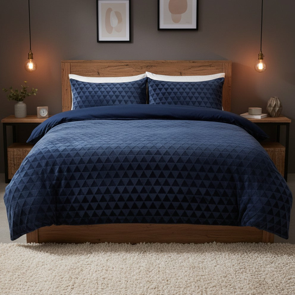 Diamond Cut Teddy Navy Fleece Duvet Cover Bedding Set