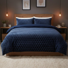 Diamond Cut Teddy Navy Fleece Duvet Cover Bedding Set