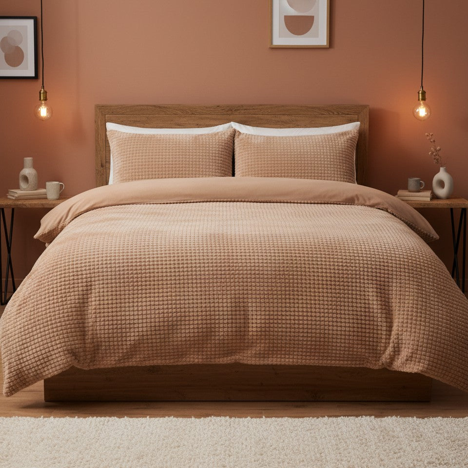 Waffle Teddy Latte Fleece Duvet Cover Bedding Set