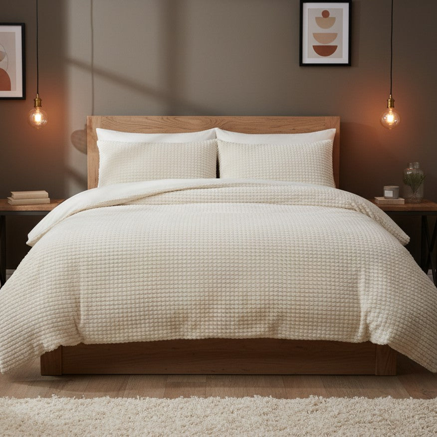 Waffle Teddy Natural Fleece Duvet Cover Bedding Set