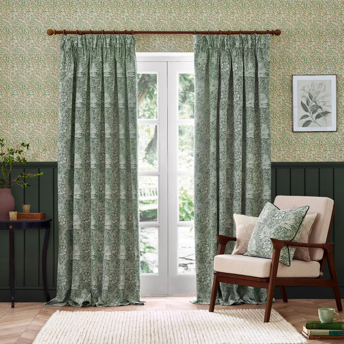 Marigold Leaf Green Thermal Blackout Dimout Pencil Pleat Curtains