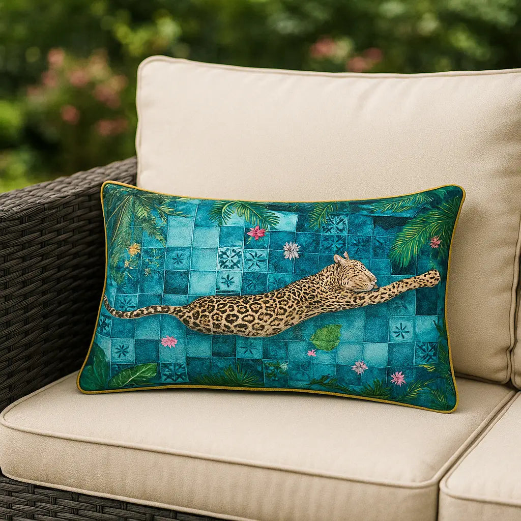 Majorelle Leopard Outdoor Azure Cushion Cover or Filled Cushion 40cm x 60cm