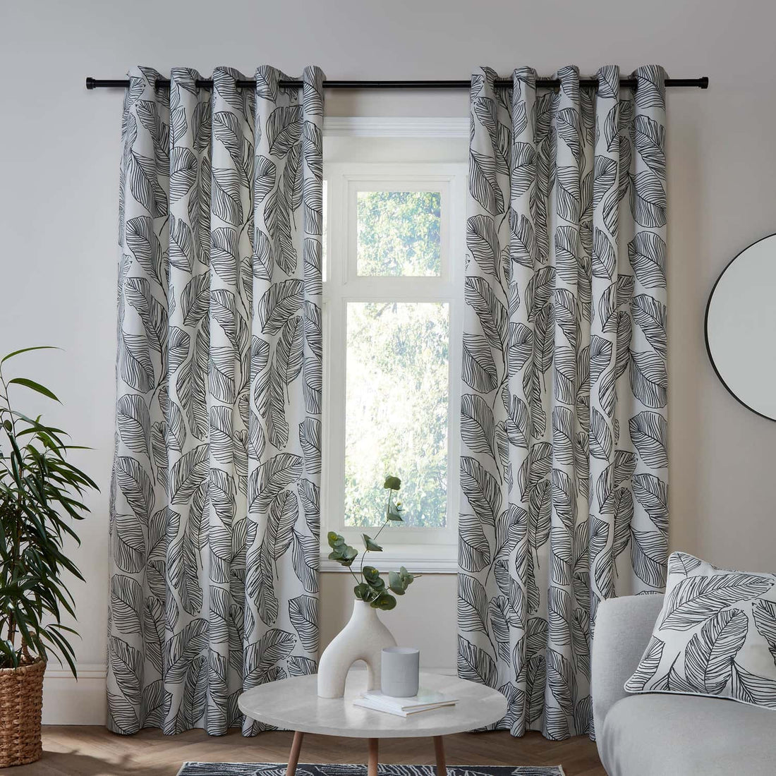 Matteo Leaf Black 100% Cotton Eyelet Curtains
