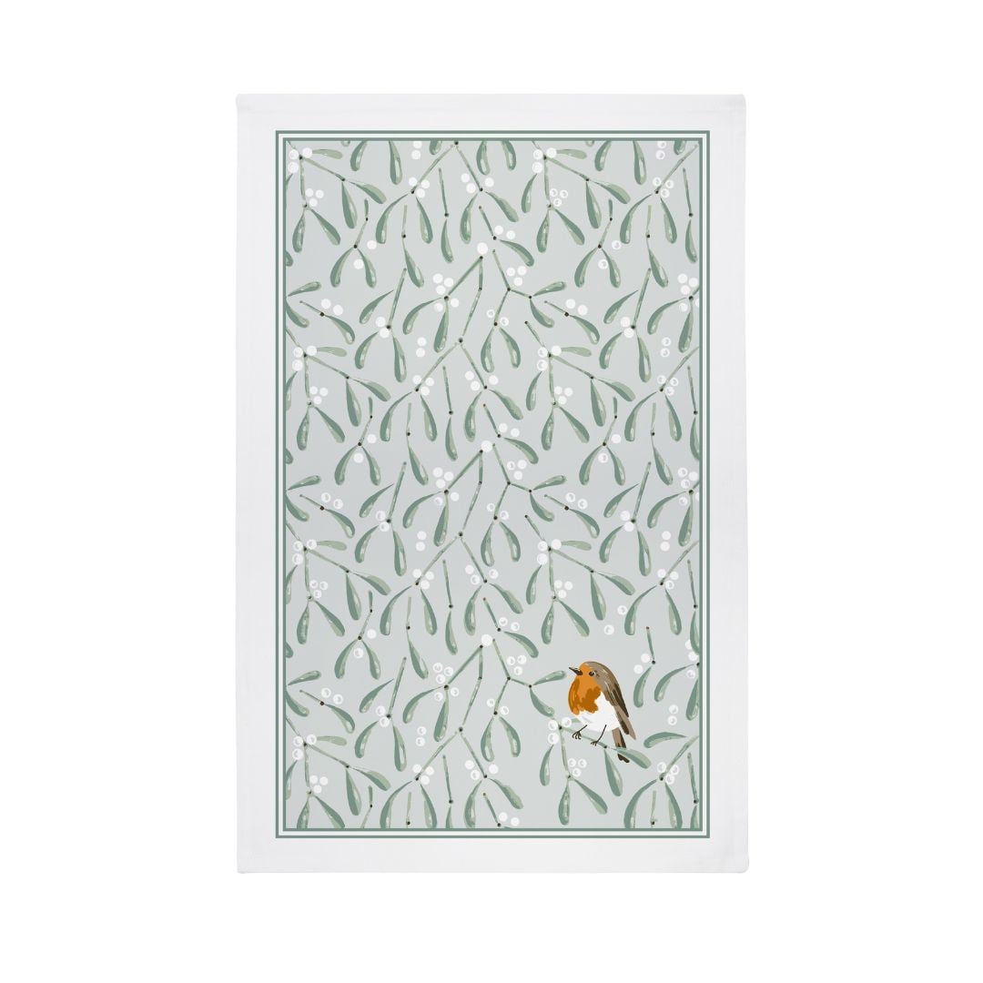Ulster Weavers Mistletoe & Robin Christmas Recycled Cotton Blend Tea Towel - Mistletoe & Robin Recycled Cotton Blend Tea Towel In Beige 2