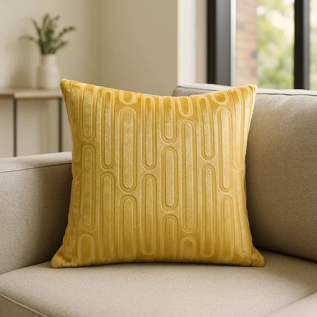 Oboe Geometric Velvet Ochre Cushion Cover 45cm x 45cm ( 45cm x 45cm )