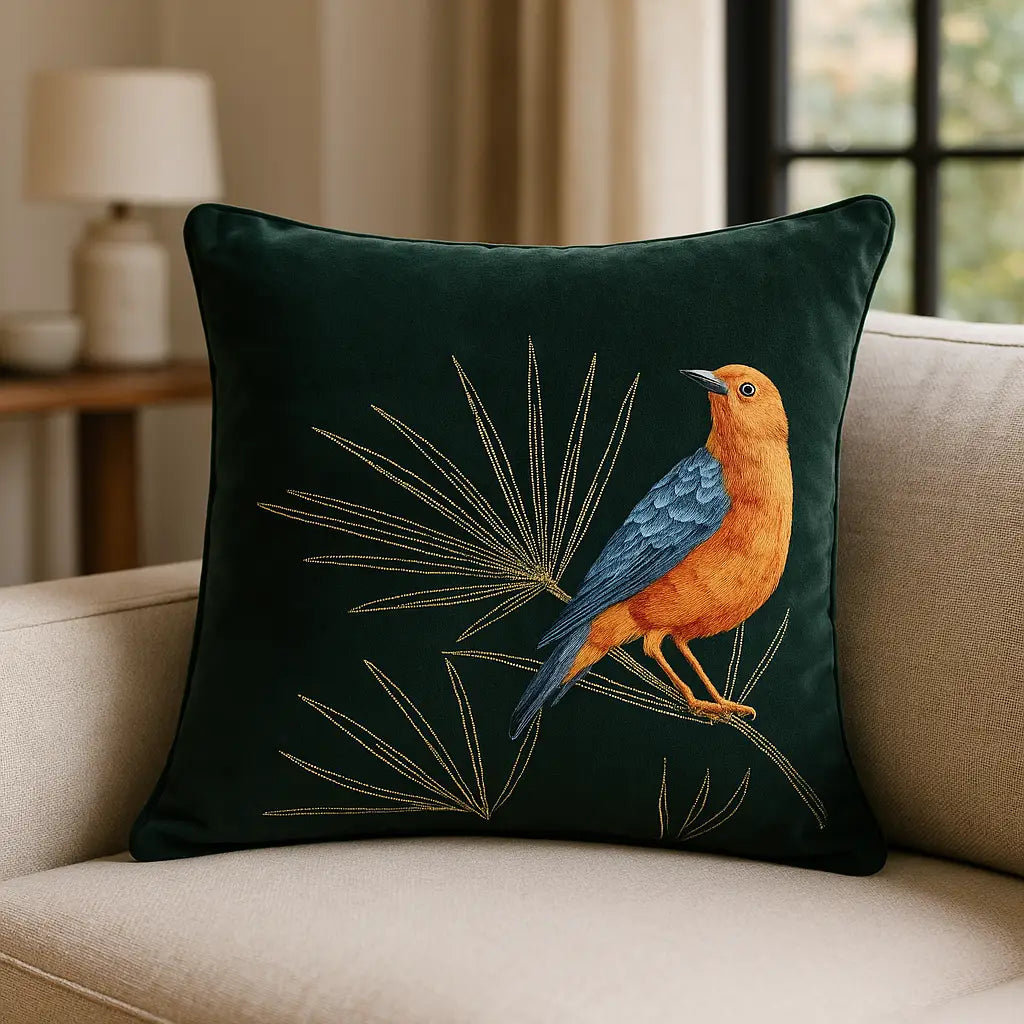 Odisha Exotic Bird Velvet Emerald Cushion Cover or Filled Cushion 43cm x 43cm