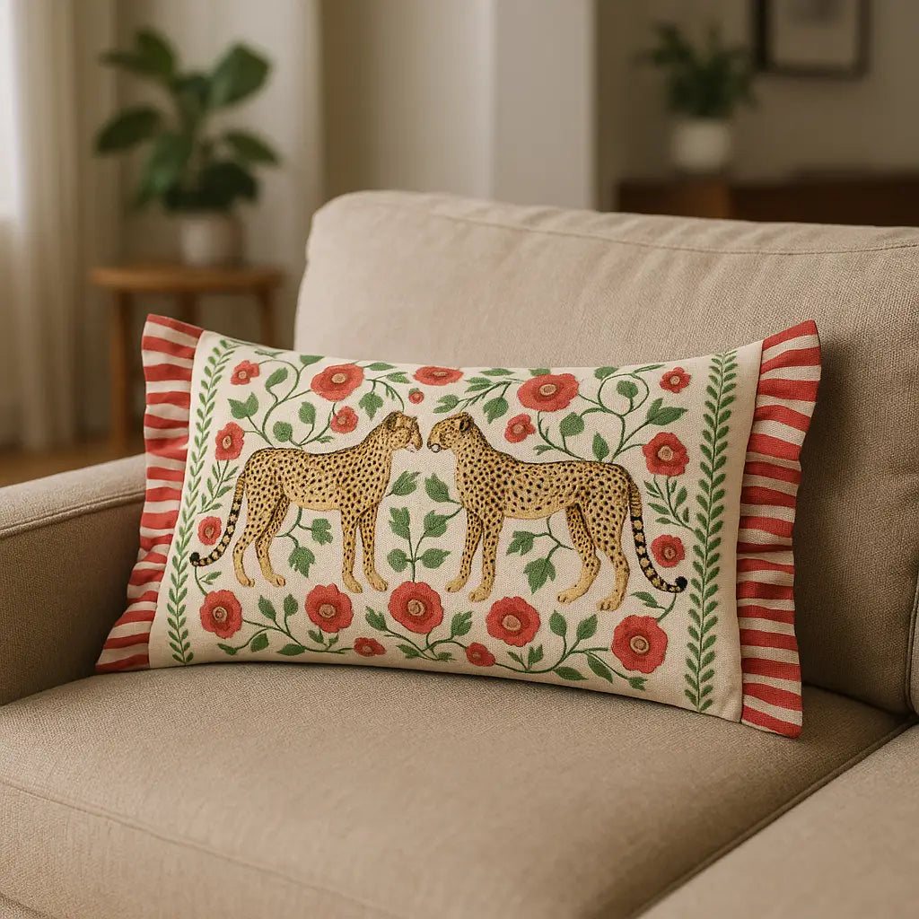 Okara Leopards Linen / Red Cushion Cover or Filled Cushion 30cm x 50cm