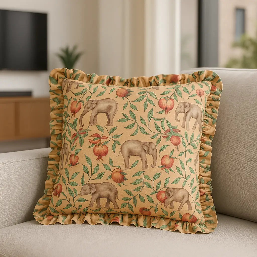 Okara Elephant And Pomegranate Peach / Linen Cushion Cover or Filled Cushion 50cm x 50cm
