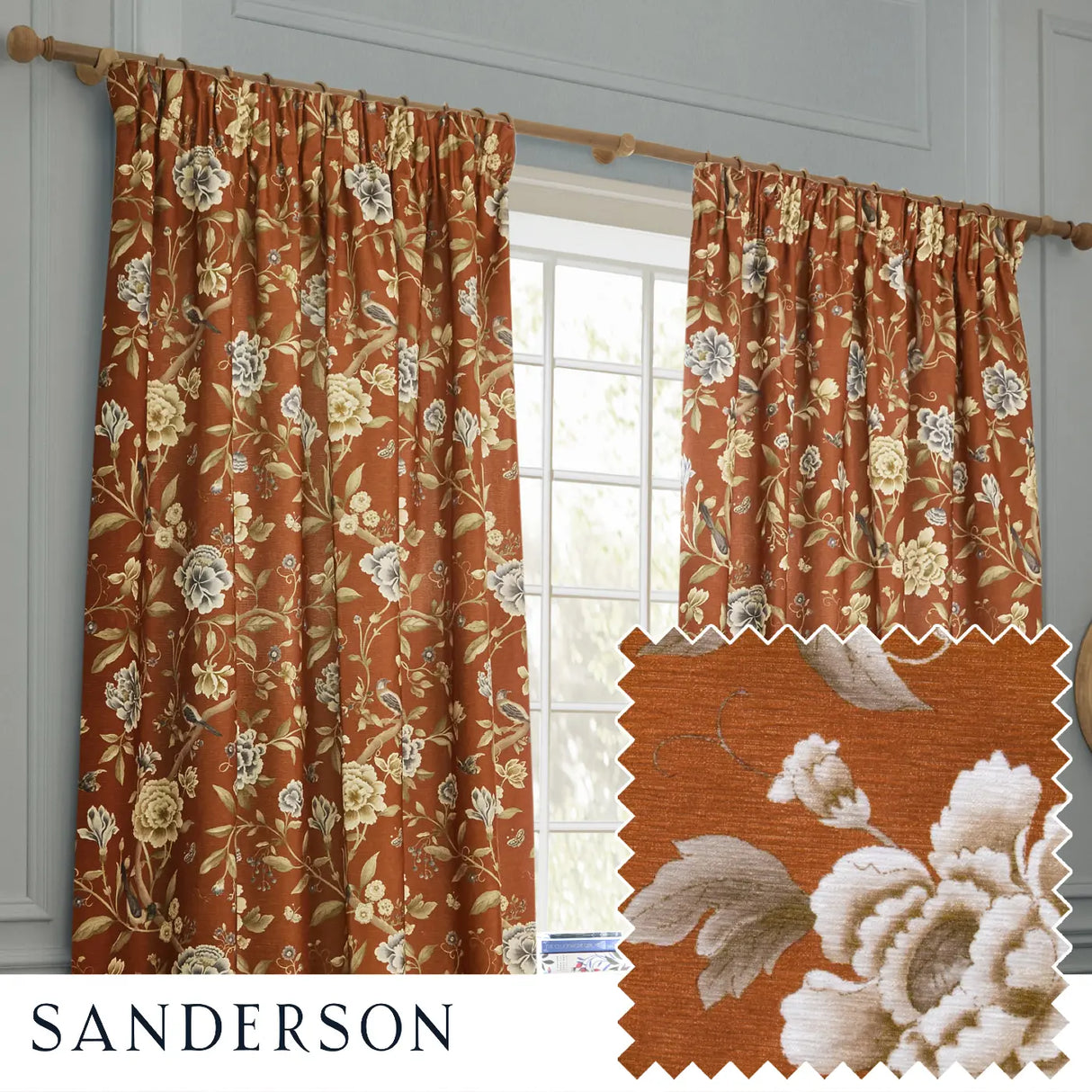 Porcelain Garden Tape Top Pencil Pleat Curtains by Sanderson