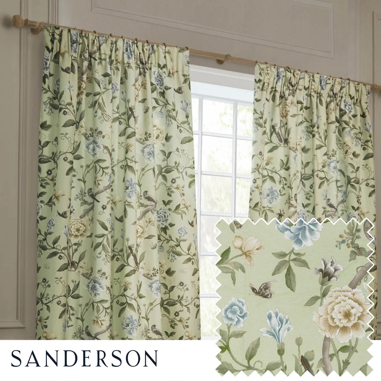 Porcelain Garden Tape Top Pencil Pleat Curtains by Sanderson