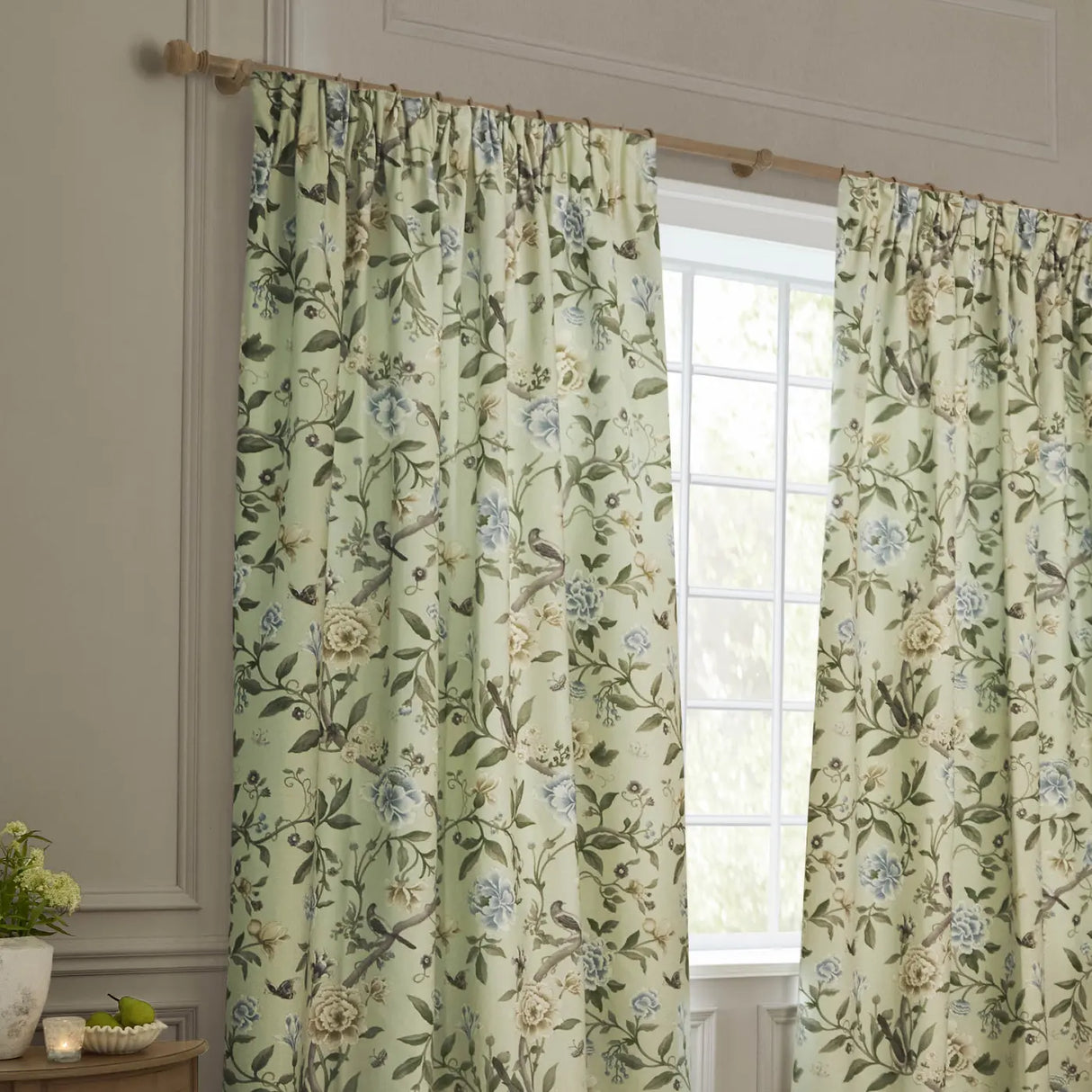 Porcelain Garden Tape Top Pencil Pleat Curtains by Sanderson