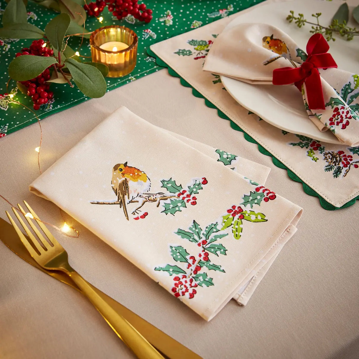 Christmas Robins Napkins 2 Pack in Green