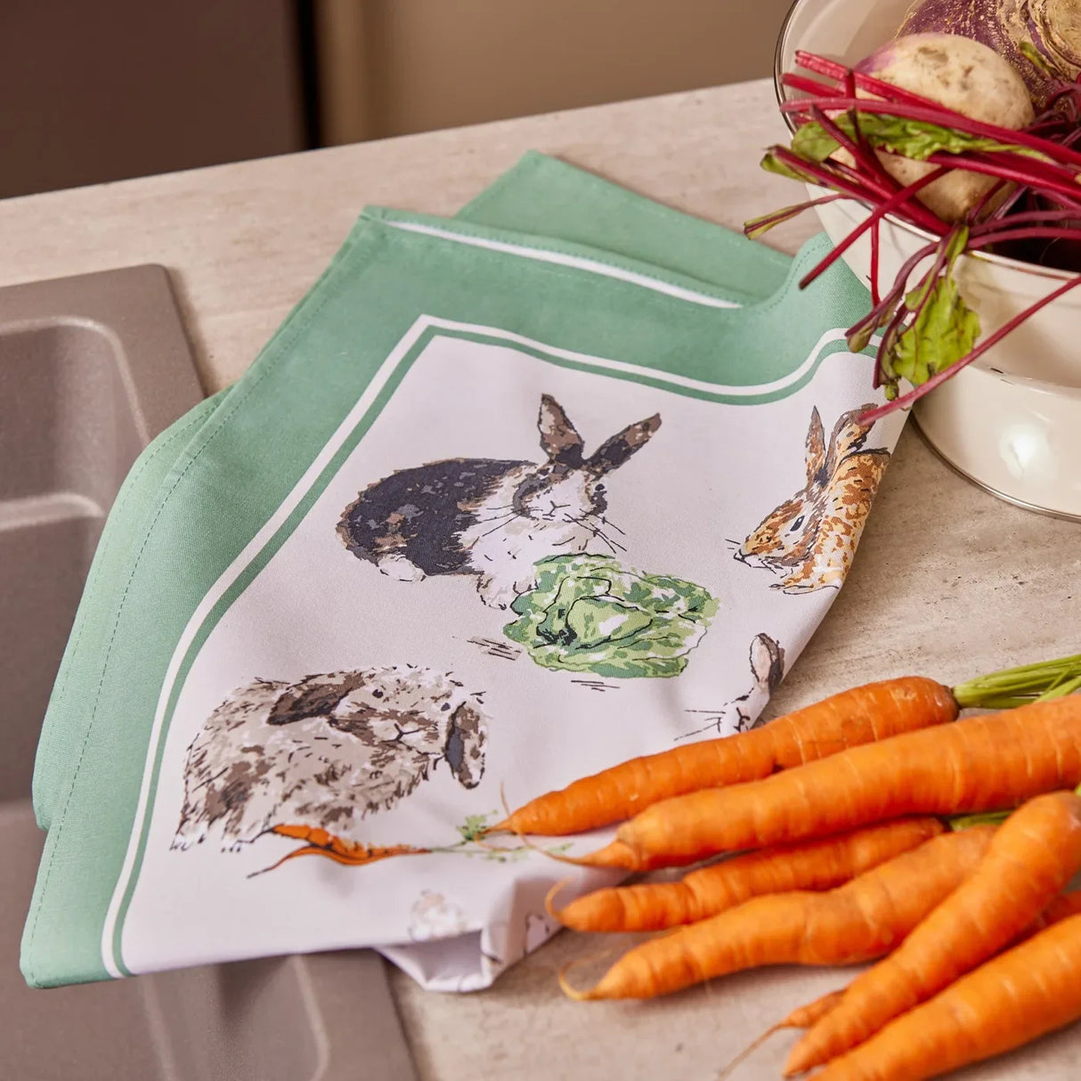 Rabbit Patch Cotton Tea Towel in Green