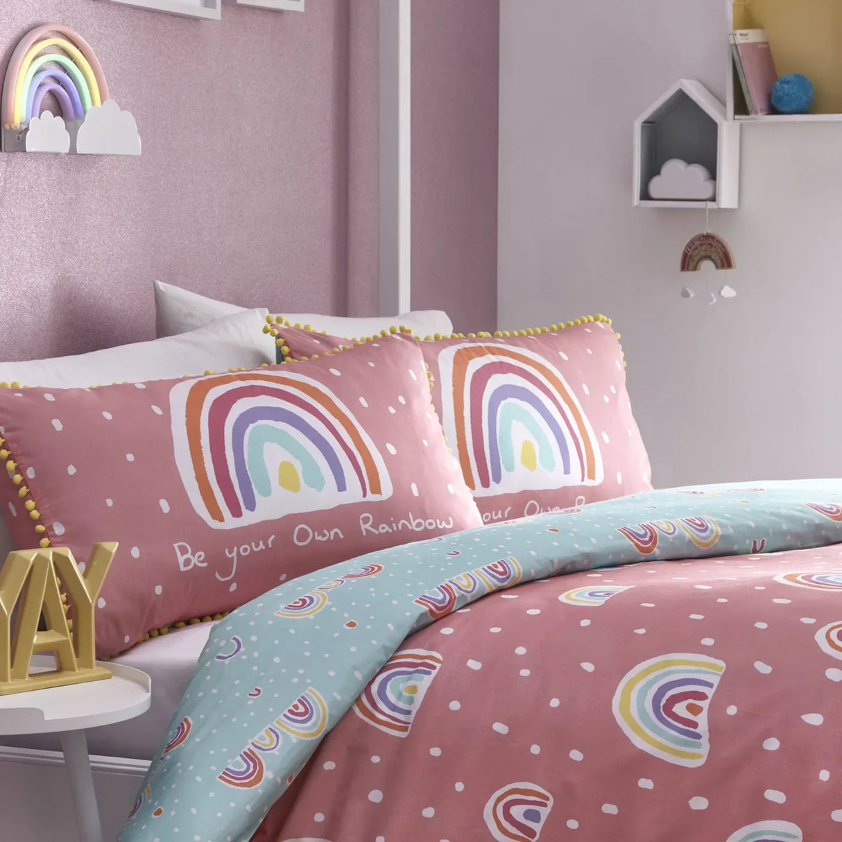Rainbow Pom Duvet Cover Set in Multicolour - Double